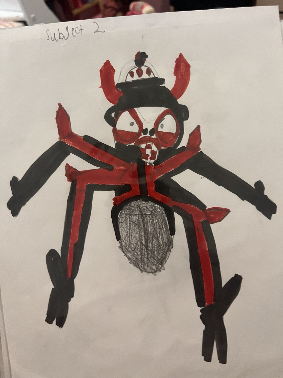 Original hand-drawn red and black four-armed horror creature